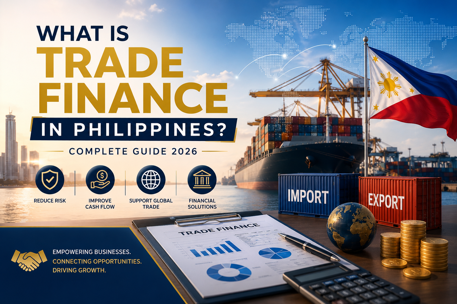 What is trade finance in Philippines featured image showing Philippine flag, shipping port, import export containers, financial documents, and global trade icons