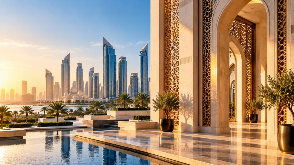 Islamic architecture overlooking the UAE skyline