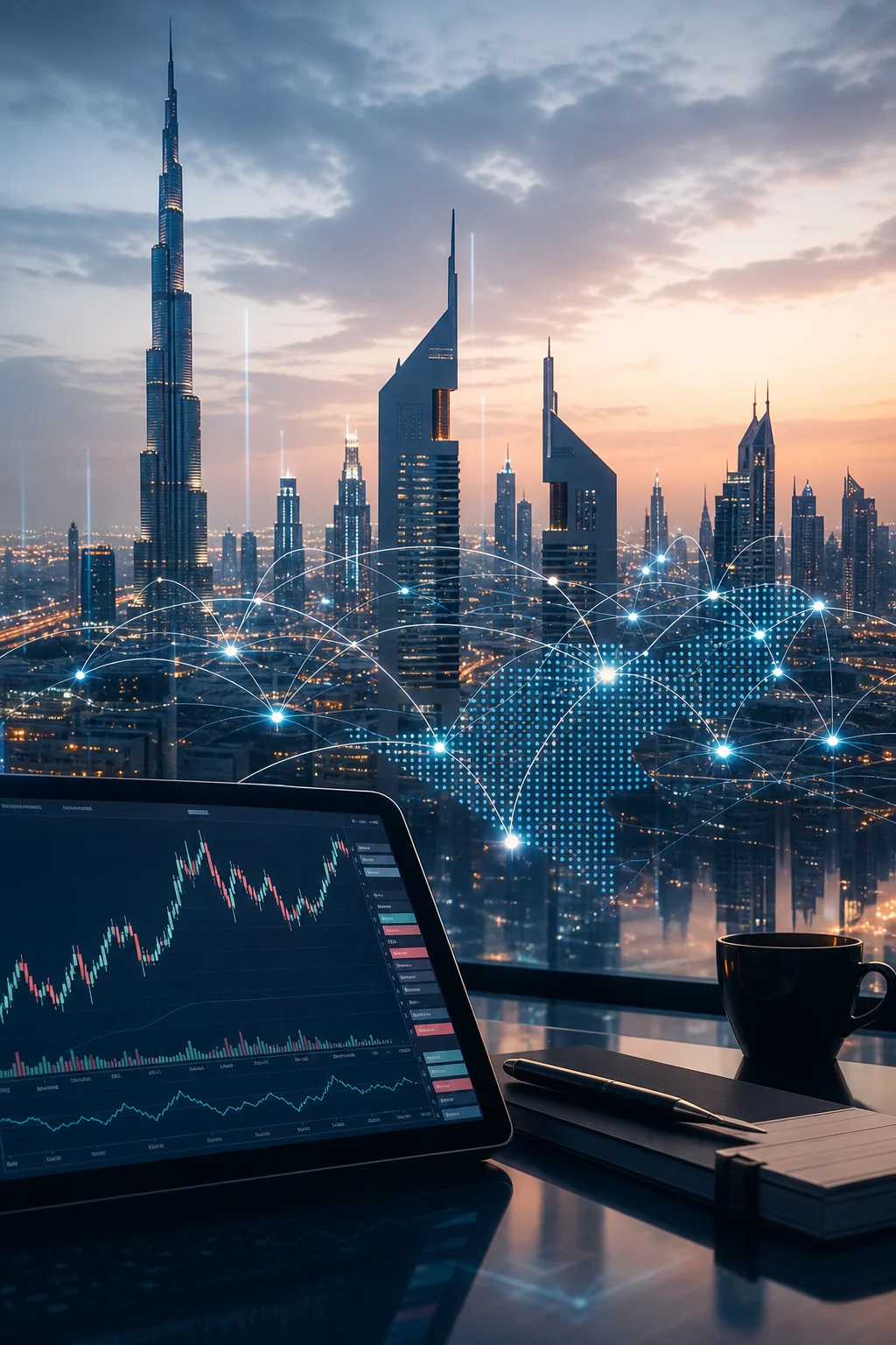 Editorial illustration representing growth in investor accounts and trading activity on the Dubai Financial Market.