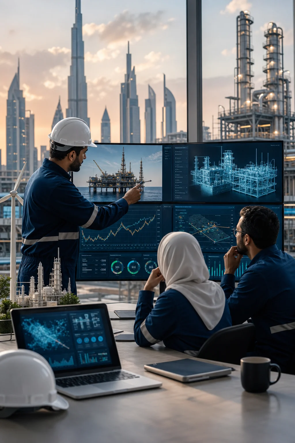 Energy professionals reviewing AI-driven operational dashboards at a Dubai technology conference.